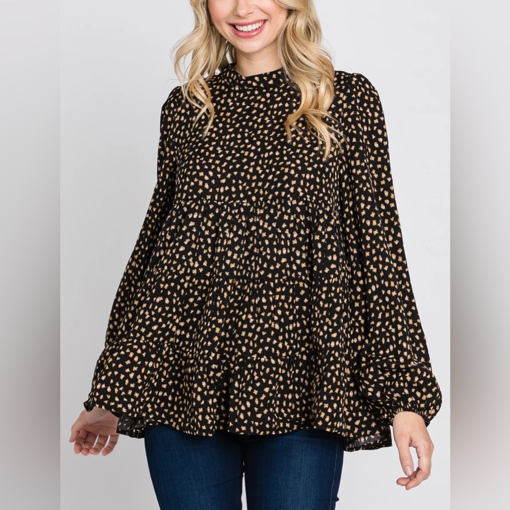 Black Animal Print Mock Neck Tiered Top